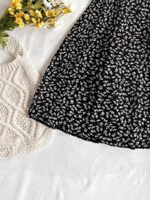 SHEIN WYWH 女士度假蓝底白色碎花圆点印花泡泡袖褶皱 A 字型侧开衩迷你连衣裙 - 黑色 - 查看 4