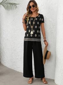 EMERY ROSE 2pcs/Set Women Casual Print Short Sleeve Top And Straight Leg Pants, Spring/Summer Outfits,Summer Sets - Black - View 3