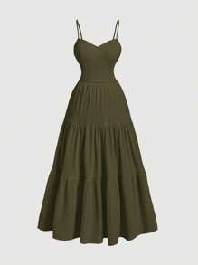 SHEIN MOD Váy xếp nếp nhiều tầng màu xanh lá cây quân đội cỡ lớn 1 chiếc, Váy thanh lịch cho nữ, Váy hóa trang tiên nữ, Váy nhẹ cho nữ, Váy dạ hội, Năm mới, Valentine - xanh quân đội - Xem 1
