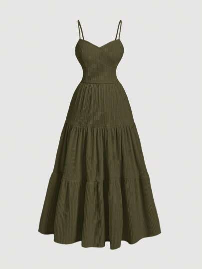 SHEIN MOD 加大码 1 件军绿色细肩带分层荷叶边腰连衣裙，优雅女士连衣裙，仙女服装连衣裙，女士轻便连衣裙，返校节连衣裙，新年，情人节