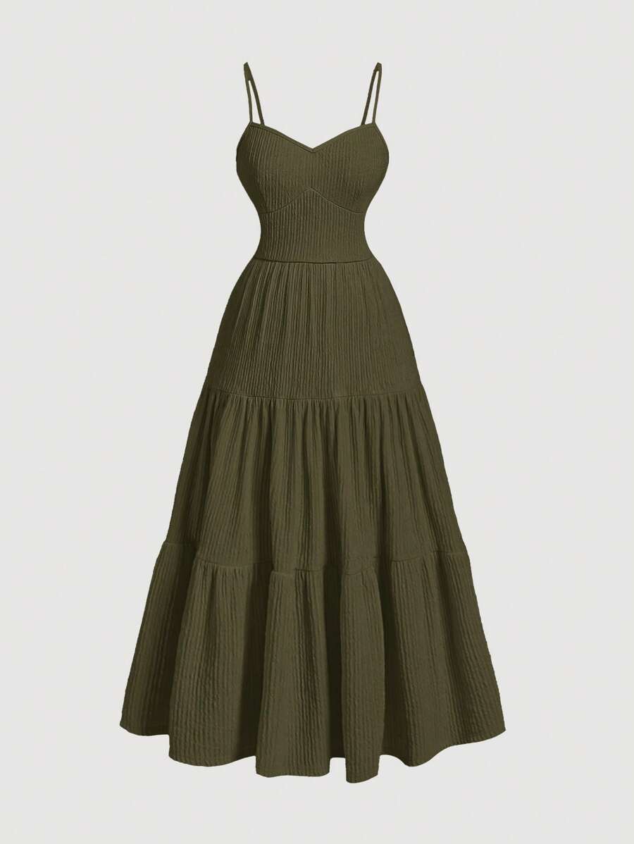 SHEIN MOD Váy xếp nếp nhiều tầng màu xanh lá cây quân đội cỡ lớn 1 chiếc, Váy thanh lịch cho nữ, Váy hóa trang tiên nữ, Váy nhẹ cho nữ, Váy dạ hội, Năm mới, Valentine - xanh quân đội - Xem 1