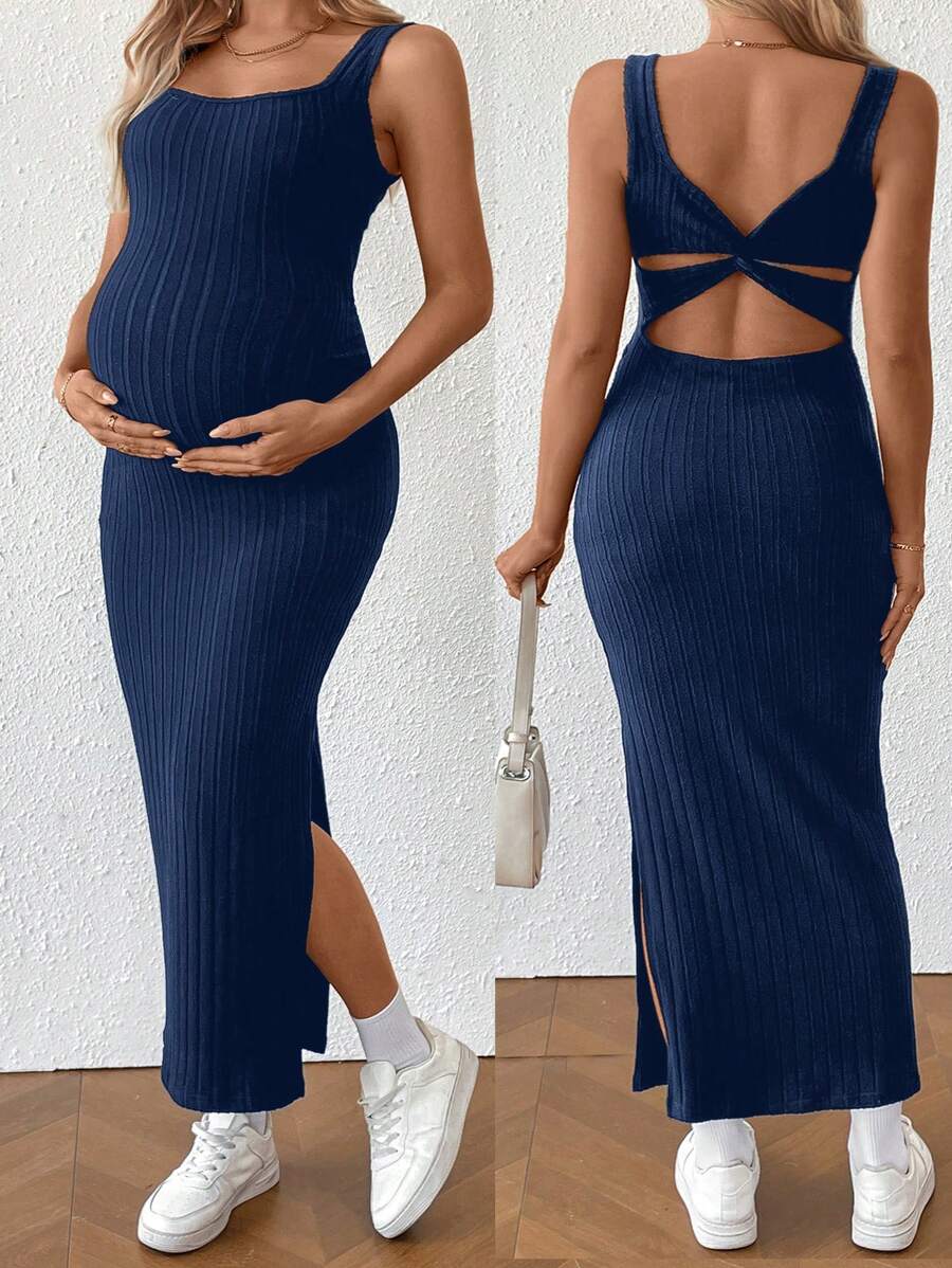 SHEIN Maternity Solid Color Backless Twist Cutout Sleeveless Dress - Navy Blue - View 1