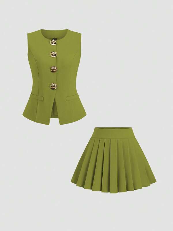 Sweetra Conjunto de 2 piezas de elegante y lujoso estilo para mujer que incluye chaleco decorado con botones + falda mini plisada para un atuendo de fiesta Y2K