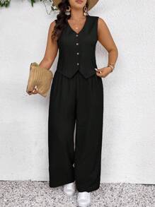 SHEIN Frenchy Conjunto de chaleco y pantalón talla grande para mujer, nuevo conjunto casual de primavera/verano con textura de 2 piezas en color albaricoque
