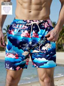 Surfspeed 男士风景印花抽绳腰沙滩短裤 - 藍色 - 查看 1