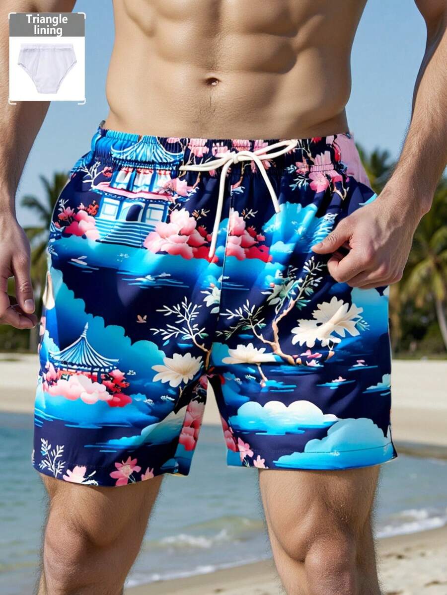 Surfspeed 男士风景印花抽绳腰沙滩短裤 - 藍色 - 查看 1