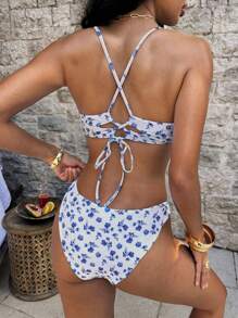 SHEIN Swim Floral Print Bikini Swimsuit, Wireless For Summer Beach Vacation - Blue and White - View 2