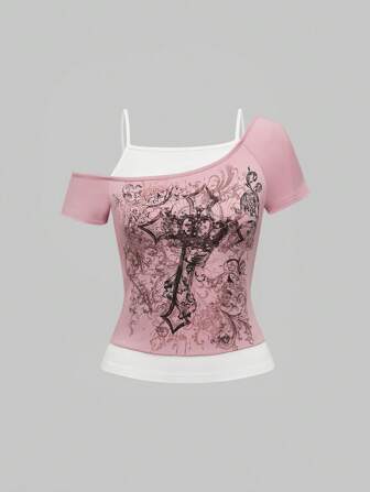 Fairycore Camiseta ajustada vintage de 2 en 1 con hombro oblicuo, decorada con cristales y un diseño de cruz con vid, estilo Millenium Y2K para mujeres
