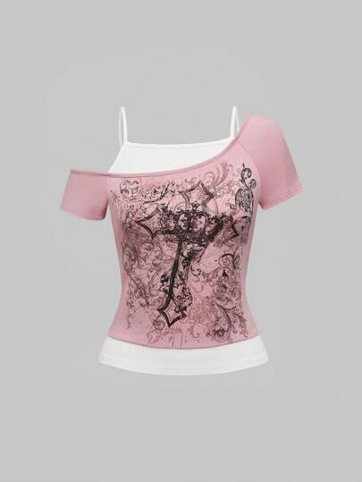 Fairycore t-shirt skinny 2 en 1 style oblique pour femme avec décorations de strass de style vintage de la croix de la vigne Y2K