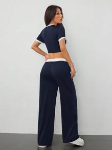 SHEIN PETITE 2件組女款休閒短版上衣，包邊圓領短袖搭配長褲，適合嬌小女性 - 藏蓝色 - 查看 2