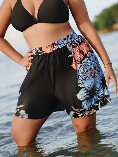 Swim SPRTY Plus Size Women 1pc Random Print Patchwork Black High Waist Loose Elastic Beach Shorts For Summer Beach Vacation