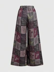 ROMWE Hippie Vintage Forest Plant Collage Print Loose Fit Wide Leg Pants, Plus Size - Red - View 2