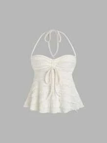 SHEIN Tall Apricot Drawstring Neck Knit Frill Texture Fabric Halter A-Line Sexy Camisole Top For Tall Women - Apricot - View 1