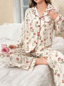 CottageSlumber 泡泡褶皱花卉印花翻领长袖上衣和裤子睡衣套装，秋冬舒适优雅细节