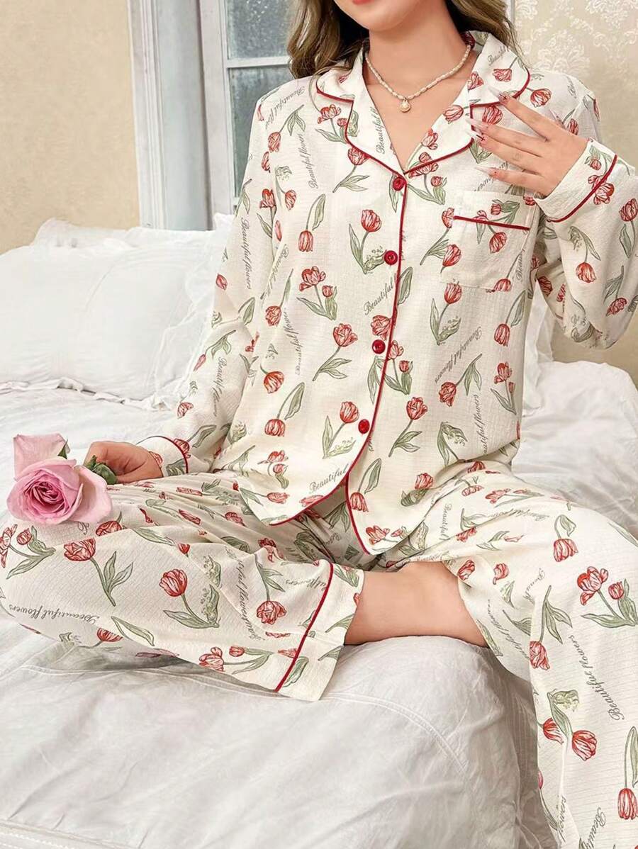 CottageSlumber 泡泡褶皱花卉印花翻领长袖上衣和裤子睡衣套装，秋冬舒适优雅细节