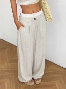 SHEIN EZwear Apricot Linen Woven Women's Wide-Leg Pants, Double Waist Knot, Simple And Fashionable, Suitable For Summer Seaside Vacation