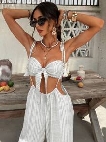 SHEIN VCAY Conjunto de 2 piezas para mujeres con top tubo casual a rayas y mono con flecos en el bajo para vacaciones - Gris - Ver 2