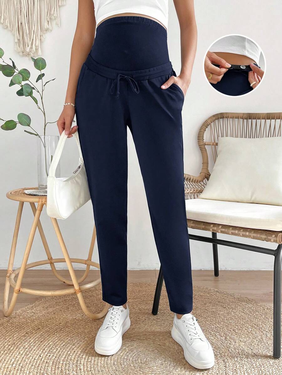 SHEIN Maternity High Waist Cone Pants, Casual Solid Color Versatile - Navy Blue - View 1