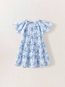 SHEIN Young Girls Summer Ruffled Sleeve Starfish Print Dresses - Multicolor - View 7