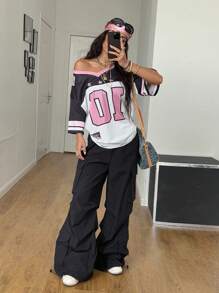 Coolane Tricou de damă, primăvară, vară, de stradă, cuplu, același stil, ocazional, cu decolteu în V, cu umăr căzut, imprimeu cu litere, ocazional supradimensionat, tricou sportiv