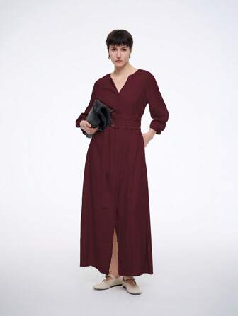 Aalyst Vestido Longo Elegante Casual de Cor Sólida Ajuste Solto Decote em V com Cinto de Cintura, Fivela em Argola D, Bolsos, Adequado para Férias e Trabalho, Primavera/Verão