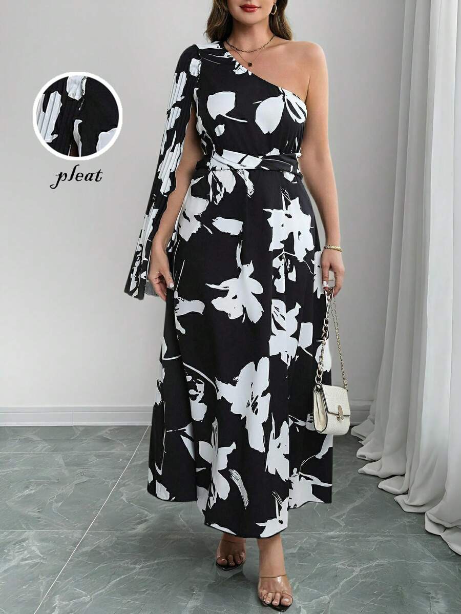 SHEIN Unity Plus Size Women's One-Shoulder Single Sleeve Design Waist Cinched Twisted Rope Pleated Hemline Floral Print Colorblock Dress - Black - View 1