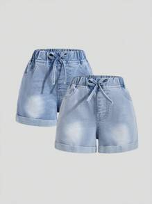 2 件装年轻女孩牛仔抽绳腰休闲短裤，时尚街头和校园风格 - 彩色 - 查看 1