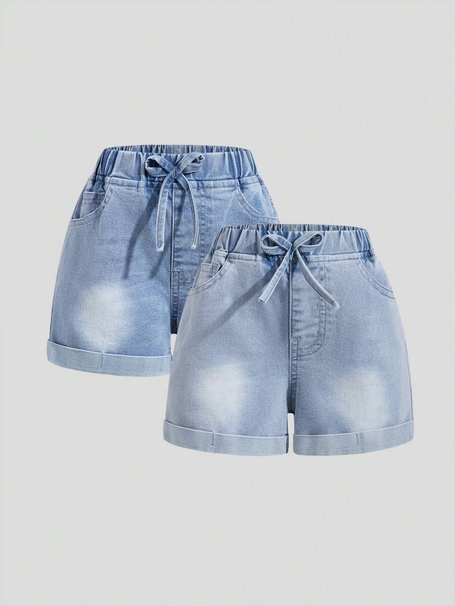 2 件装年轻女孩牛仔抽绳腰休闲短裤，时尚街头和校园风格 - 彩色 - 查看 1