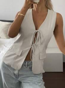 Livesso 女士复古硬币图案V领无袖背心，中国风薄款外套，系带商务装