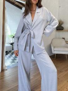 Cloudara Cottonline Women Contrast Binding Detailed Kimono Belted And Wide Leg Pant Two Pieces Set - Grey - View 7