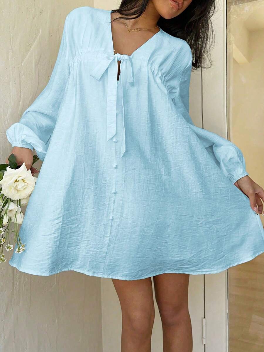 Sunnyshic Women's Casual V-Neck Tie Bow Short Mini Dress, Solid Color, Comfortable, Suitable For Spring/Summer Holiday And Daily Wear - Blue - View 1
