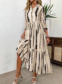 Breezaya 女士扎染图案休闲中长袖连衣裙，秋季长款度假海滩装 - 杏色 - 查看 5