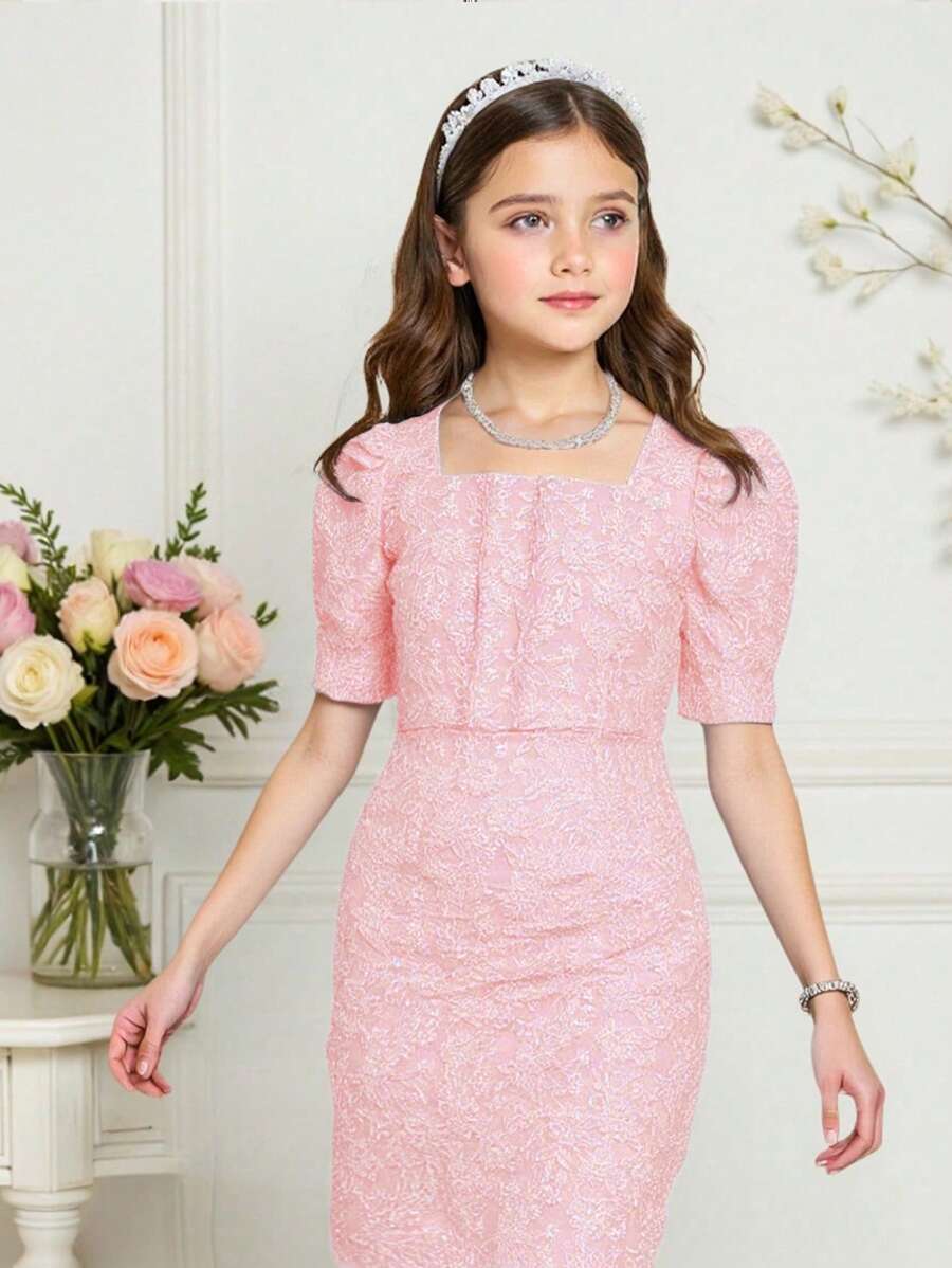 Tween 女童蓝色提花优雅花卉泡泡袖 A 字裙，时尚公主连衣裙，花卉图案装饰，高腰，正式派对装