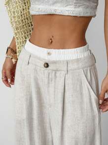 SHEIN EZwear Apricot Linen Woven Women's Wide-Leg Pants, Double Waist Knot, Simple And Fashionable, Suitable For Summer Seaside Vacation