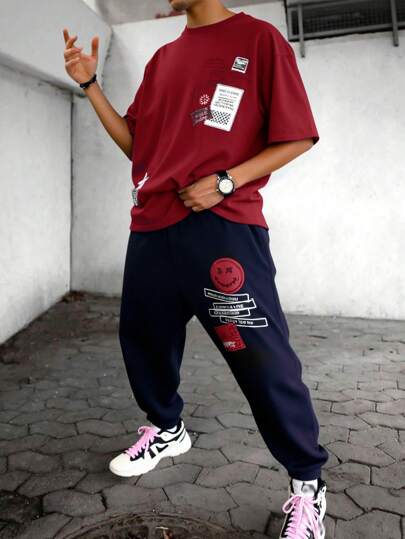 SHEIN Leap Crew 2 件青少年男孩休闲短袖 T 恤和长裤套装，街头朋克摇滚学院风服装，适合春夏季、派对、音乐节，蓝色配黑色英文印花