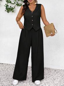 SHEIN Frenchy Conjunto de chaleco y pantalón talla grande para mujer, nuevo conjunto casual de primavera/verano con textura de 2 piezas en color albaricoque