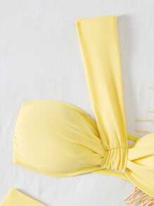 Swim Mod Women Solid Color Asymmetrical Neck Ruched Bikini Swimwear Sets, Beach Summer Outfits - Yellow - View 5