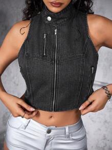SHEIN ICON 女士休闲拉链短款牛仔背心，夏季 - 深灰色 - 查看 6