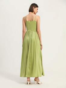 Chiquease Vestido largo elegante y romántico de estilo francés para mujeres, de color liso, con tirantes de espagueti, cintura alta y bajo plisado - Verde - Ver 2
