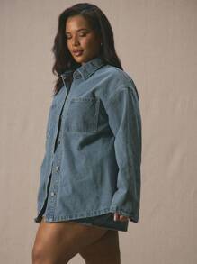 MUSERA Camisa de mezclilla con botones para talla grande, elegante para vacaciones - Azul - Ver 2