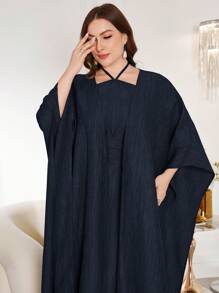Modelyn 大码女式纯色蝙蝠袖夹克和挂脖连衣裙套装，优雅两件套服装 - 藏蓝色 - 查看 6
