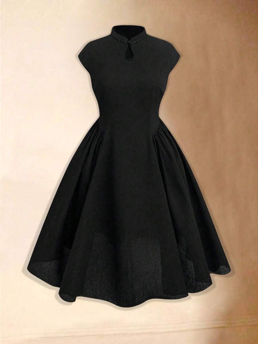 Flirla Plus Size Elegant Solid-Color New Chinese Style Waist-Cinching Dress - Black - View 1