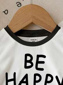 SHEIN Happikins Baby Girl Cute Cartoon Smiling Face, "Be Happy" English Text, Colorblock Casual Simplicity Short Sleeve Round Neck Top, Suitable For Summer - Multicolor - View 4