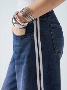 LYSMO Cowboy For Women Summer Blue Woven Side Stripe Pocket Straight Leg Jeans - Blue - View 6