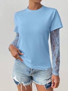 Chiquease Women's Round Neck Fashion Lace Sheer Long Sleeve T-Shirt