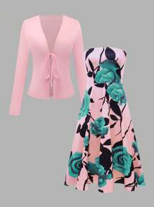 EMERY ROSE 2pcs/Set Women Solid Front Tie Long Sleeve Top And Floral Print Tube Dress Fall Cloth For Women