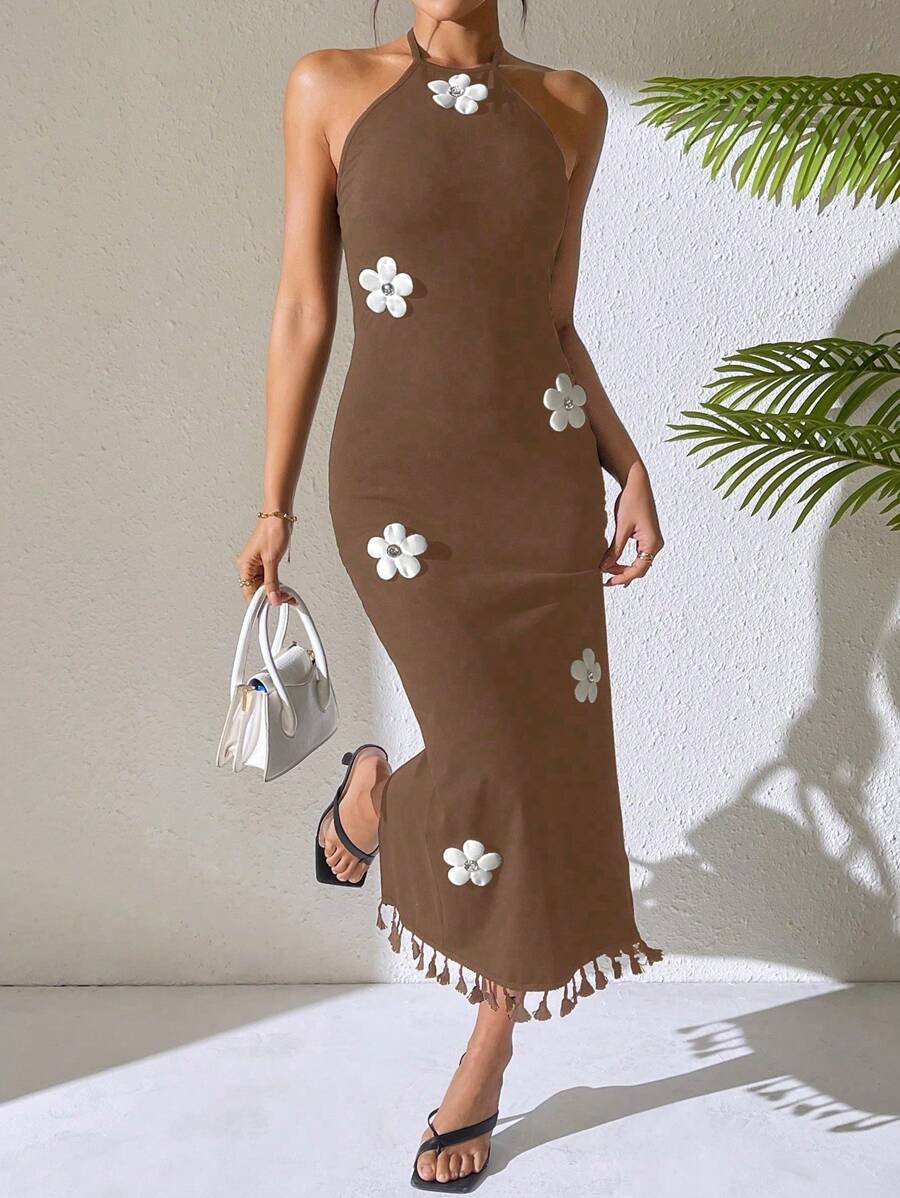 Breezaya Đầm ôm cổ hoa, tối giản và thời trang, phù hợp cho mùa hè - Cà phê nâu - Xem 1