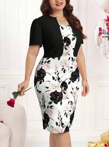 SHEIN Clasi Vestido de dos piezas de punto elástico con estampado floral primaveral para mujer de talla grande, elegante y romántico para uso diario, Día de San Valentín