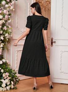 SHEIN Elegant Black Maternity Midi Dress With Short Puff Sleeves And Round Neckline For Special Occasions - Black - View 2