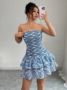 Elenzga Women's All-Over Print Layered Ruffle Hem Sleeveless Mini Dress - Blue and White - View 6